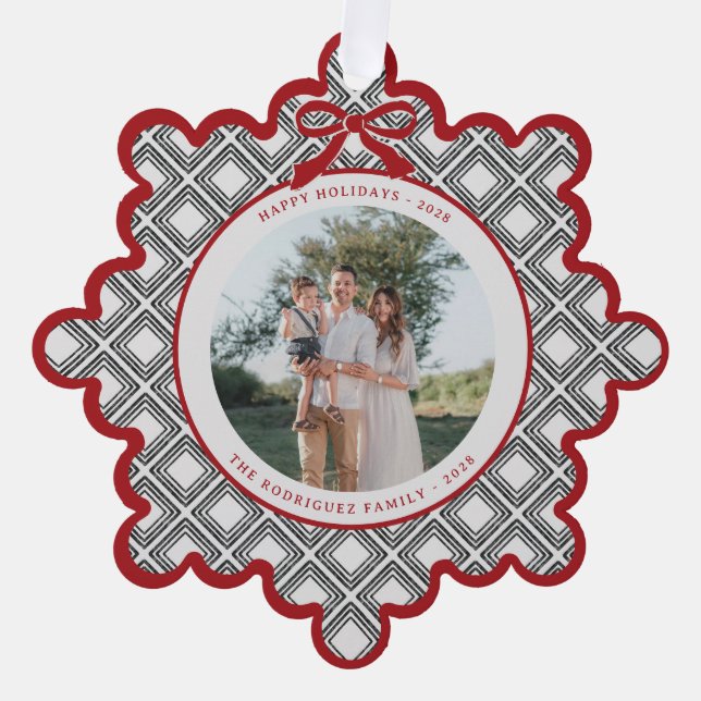 Black Diamond Pattern Holiday Ornament with Photo (Front)