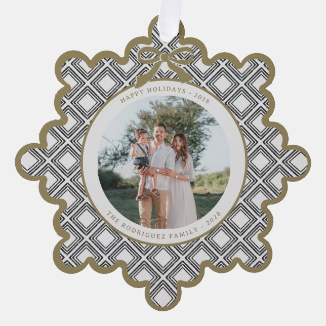 Black Diamond Pattern Holiday Ornament with Photo (Front)