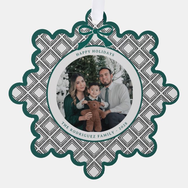 Black Diamond Pattern Holiday Ornament with Photo (Front)