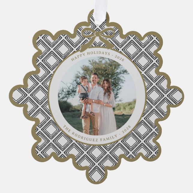 Black Diamond Pattern Holiday Ornament with Photo Card (Front)