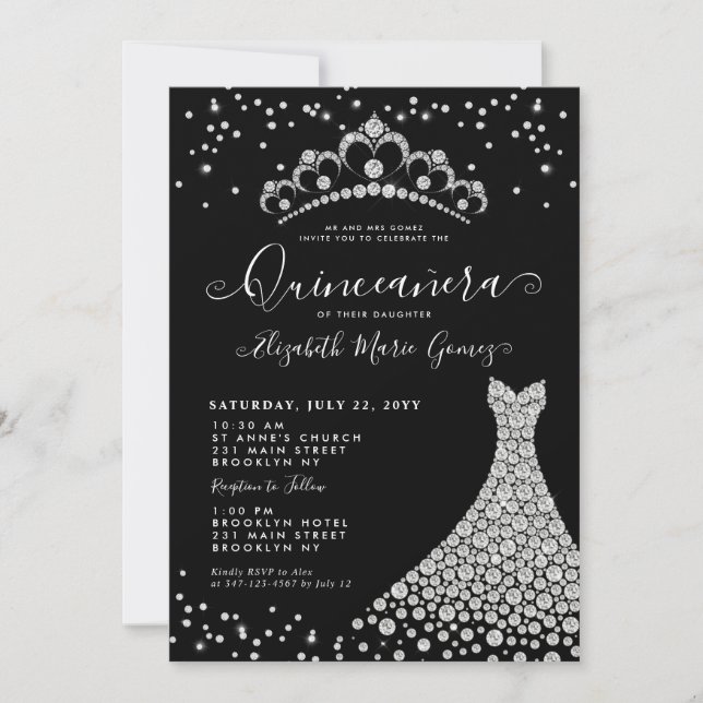 Black Diamond Silver Sparkle Tiara Quinceanera Invitation (Front)