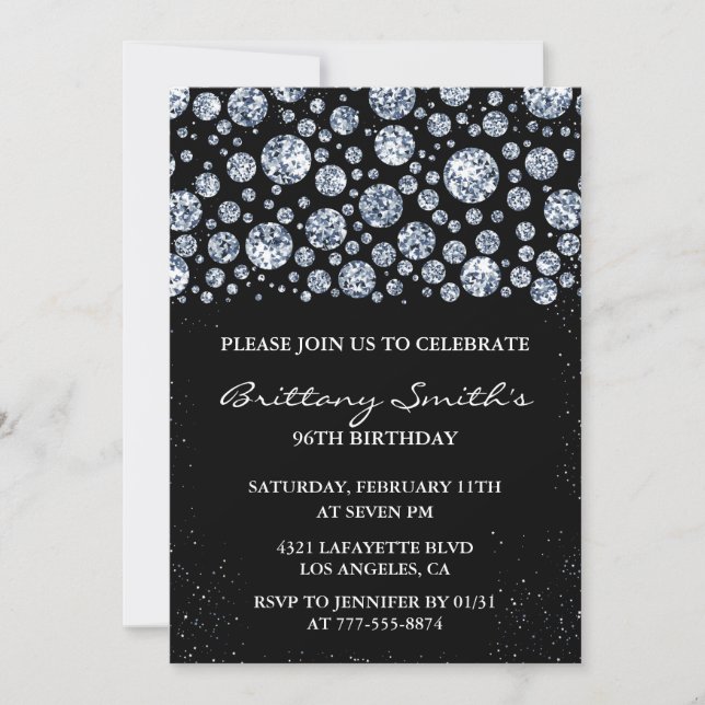 Black Diamond Sparkle Glitter 96th birthday  Invitation (Front)