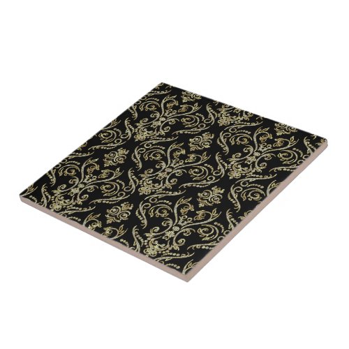 Black Diamonds And Gold Tones Floral Damasks Tile