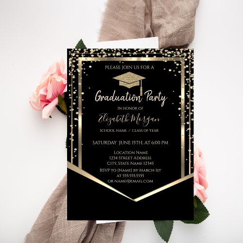 Black Diamonds Gold Graduation Cap Graduation Invitation