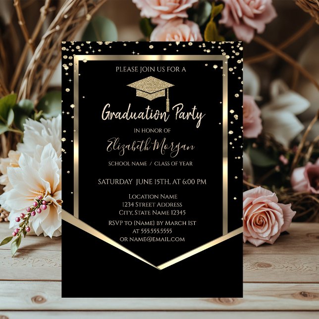 Black, Diamonds Gold Graduation Cap Graduation Invitation (Creator Uploaded)