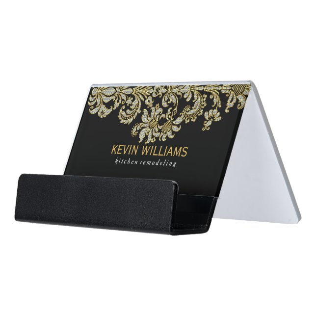 Black & Diamonds & Gold Texture Floral Lace Desk Business Card Holder (Angled Front)