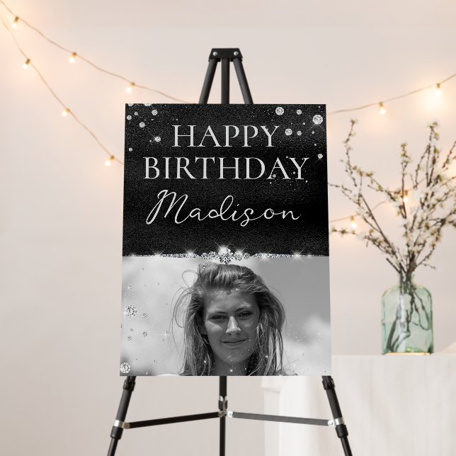 Black & Diamonds Happy Birthday Sign with Photo (In Situ (Stand))