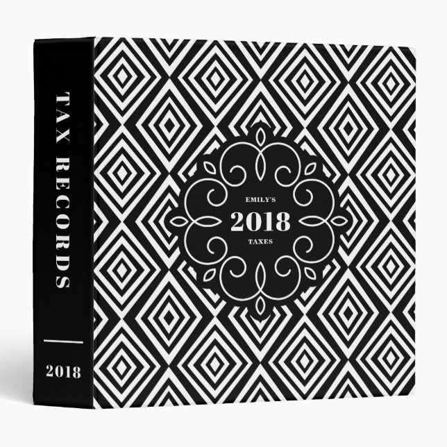 Black Diamonds Pattern Personalized 2018 Tax 3 Ring Binder (Front/Spine)