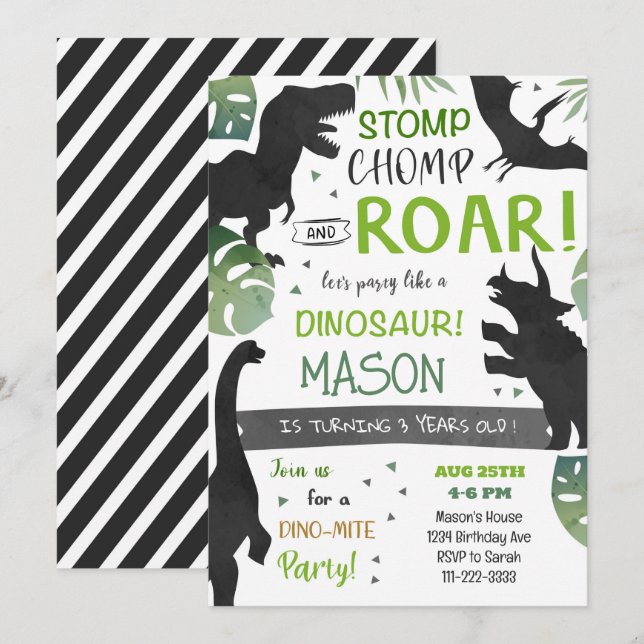 Black Dinosaurs Birthday Party Invitation (Front/Back)