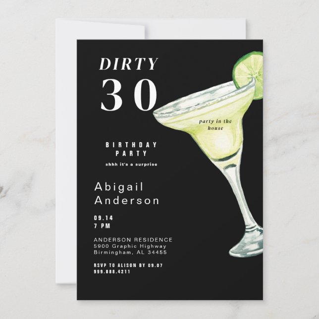 Black Dirty 30 Margarita Birthday Invitation (Front)