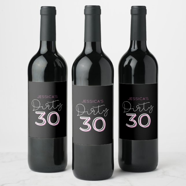 Black Dirty Thirty Custom Name Birthday Wine Label (Bottles)
