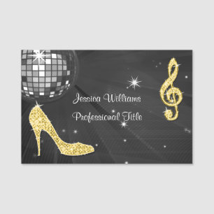 Black Disco Ball, Sparkly Gold Heels & Music Name Tag
