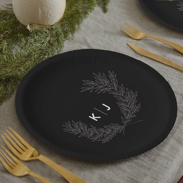Black Distinguished Monogram Paper Plates (Black distinguished monogram initials personalized wedding party paper plates.)