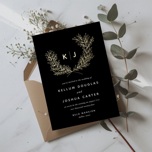 Black Distinguished Monogram Wedding Gold Foil Invitation (Black distinguished monogram laurels gold foiled wedding invitations.)