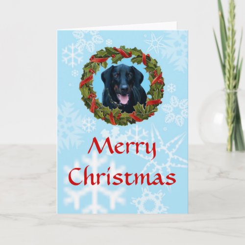 Black Doberman Christmas Card with wreath and snow