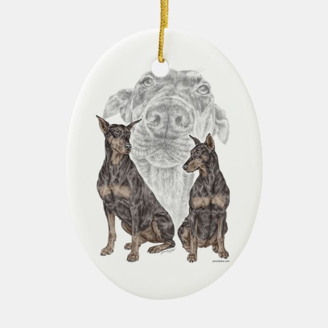 Black Doberman Dogs Ceramic Ornament (Front)