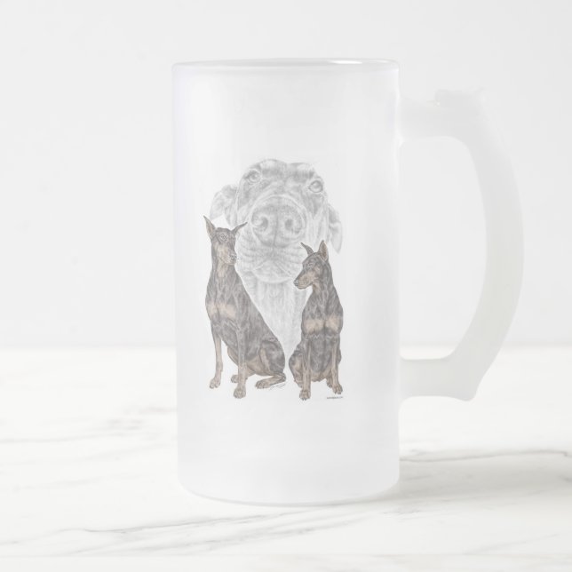 Black Doberman Dogs Frosted Glass Beer Mug (Right)