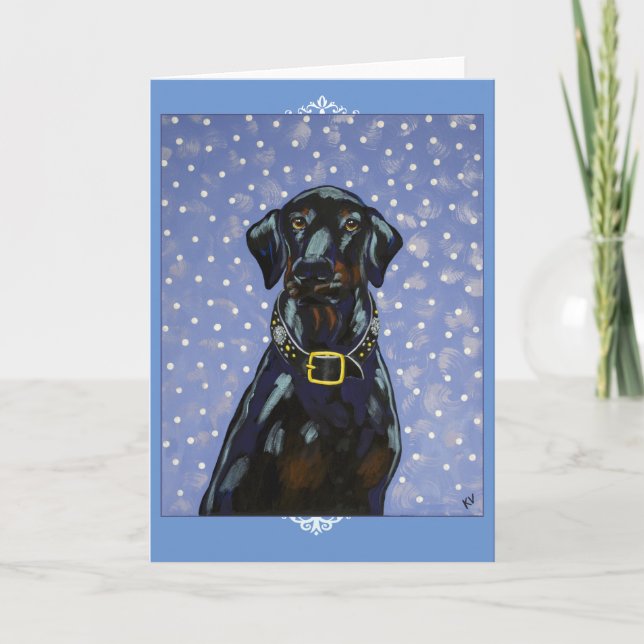 Black Doberman Snow Natural Ears greeting card (Front)