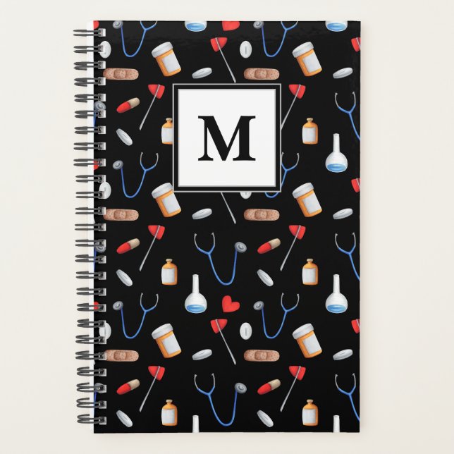 Black Doctor Nurse Equipment Pattern Monogram  Planner (Front)