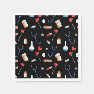 Black Doctor Nurse Medical Equipment Pattern Napkins