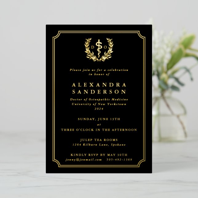 Black Doctor of Osteopathic Medicine Graduation Foil Invitation (Standing Front)