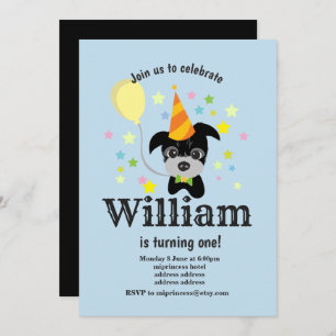 black dog Birthday Invitation, balloon, doggie Invitation
