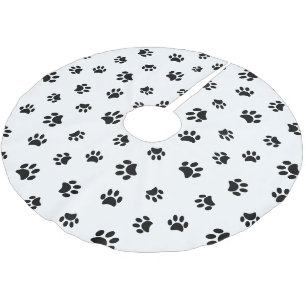 Black Dog Cat Paw Prints Pattern White Christmas Brushed Polyester Tree Skirt