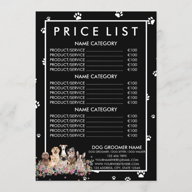 Black Dog Groomer Price List Menu (Front)