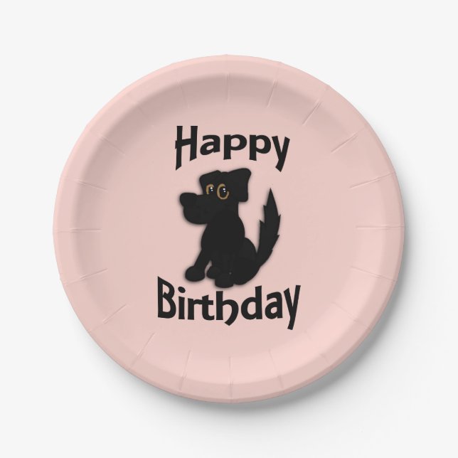 Black Dog Happy Birthday Pink Paper Plates (Front)