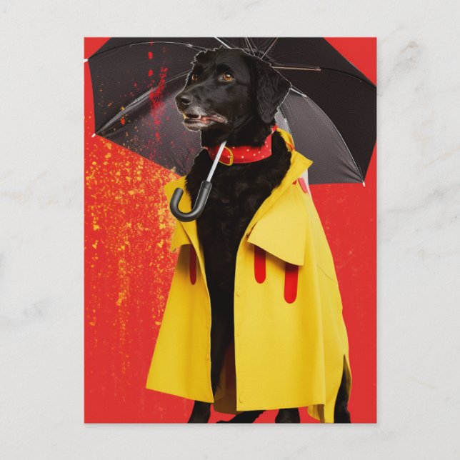 Black Dog in a Yellow Raincoat Postcard (Front)