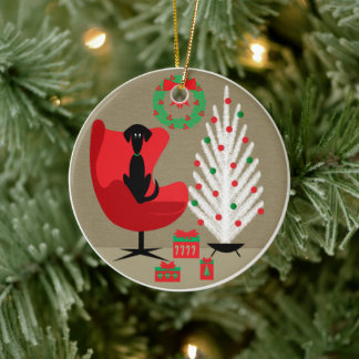 Black Dog in Mid Century Christmas Room Ceramic Ornament