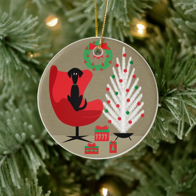 Black Dog in Mid Century Christmas Room Ceramic Ornament (Tree)
