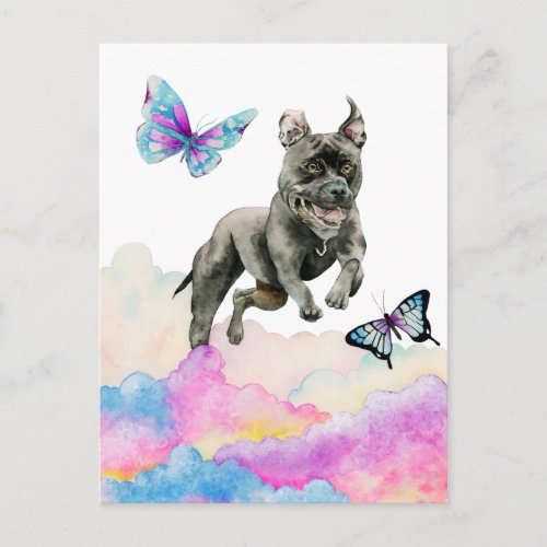 Black Dog Jumping Over Rainbow Clouds Postcard