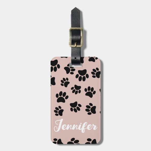 Black Dog Paw Pattern On Rose Gold Luggage Tag