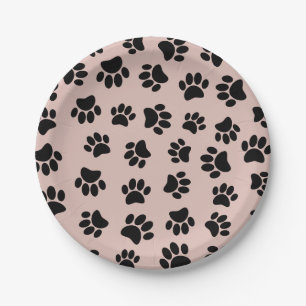 Black Dog Paw Pattern On Rose Gold Paper Plates