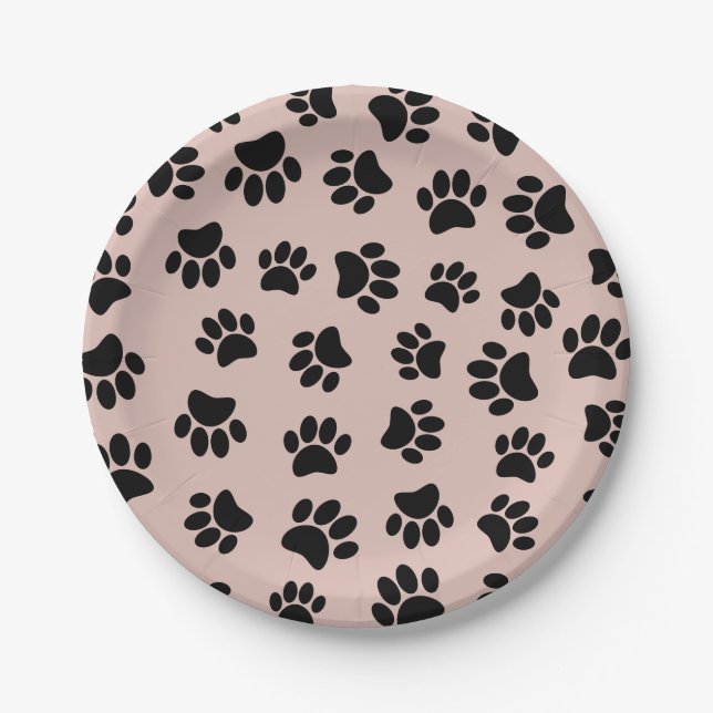Black Dog Paw Pattern On Rose Gold Paper Plates (Front)