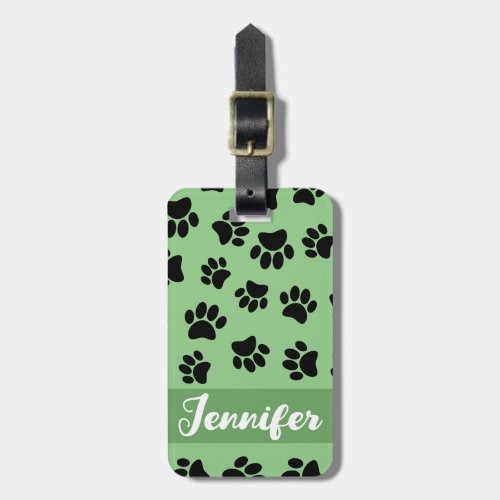 Black Dog Paw Pattern On Sage Luggage Tag