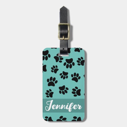 Black Dog Paw Pattern On Teal Luggage Tag