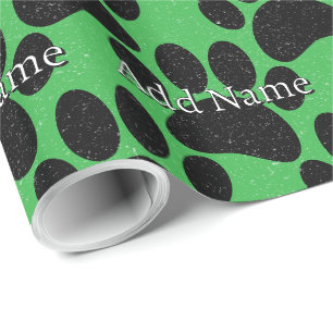 Black Dog Paw Print Custom Name Distressed Green Wrapping Paper