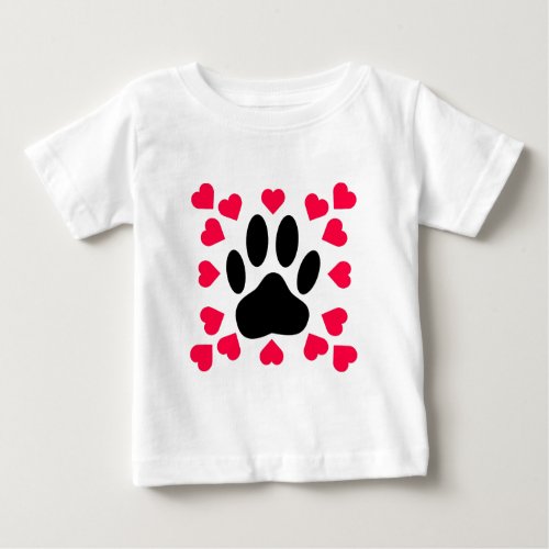 Black Dog Paw Print With Heart Shapes Baby T_Shirt