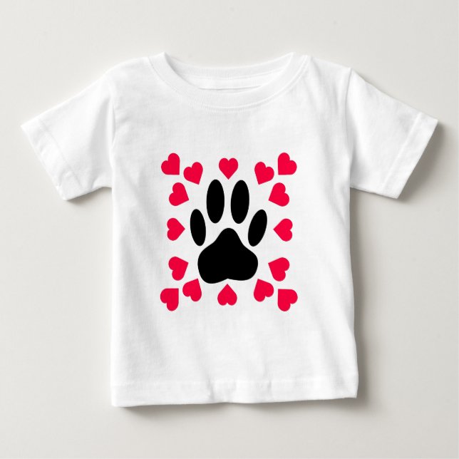 Black Dog Paw Print With Heart Shapes Baby T-Shirt (Front)
