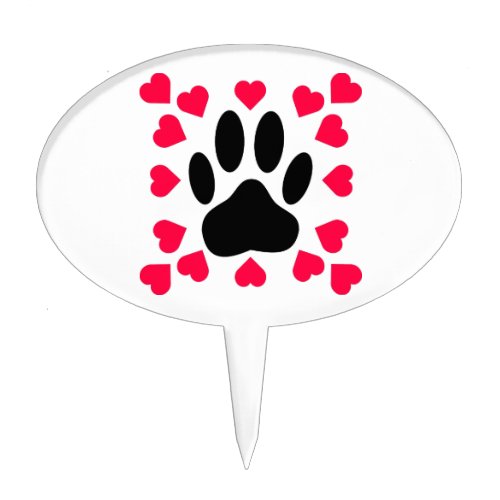 Black Dog Paw Print With Heart Shapes Cake Topper