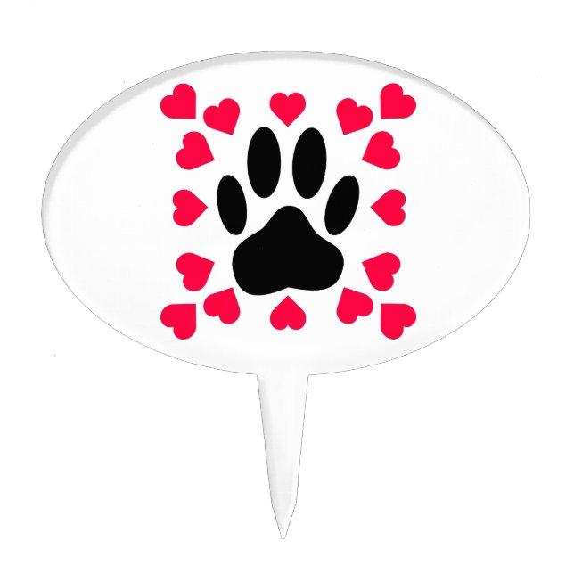 Black Dog Paw Print With Heart Shapes Cake Topper (Front)