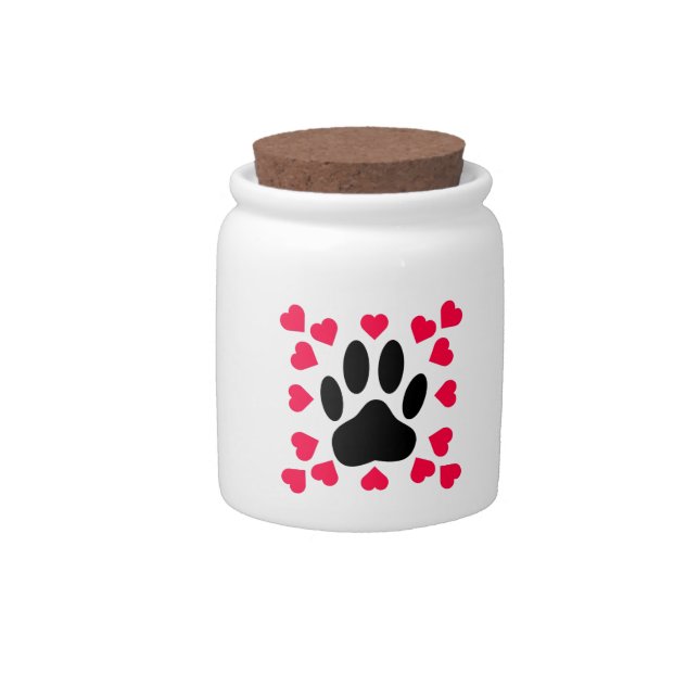 Black Dog Paw Print With Heart Shapes Candy Jar (Front)