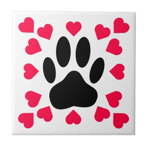 Black Dog Paw Print With Heart Shapes Ceramic Tile