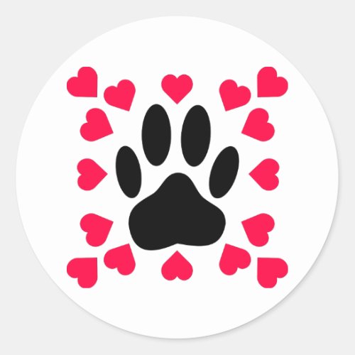 Black Dog Paw Print With Heart Shapes Classic Round Sticker