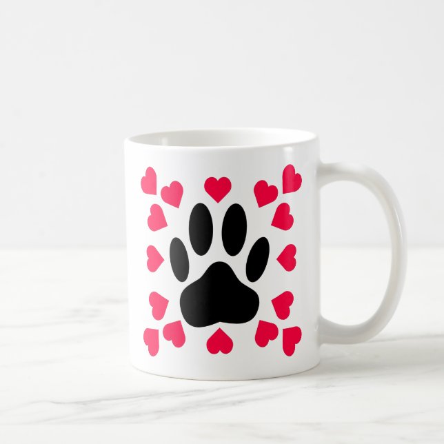 Black Dog Paw Print With Heart Shapes Coffee Mug (Right)