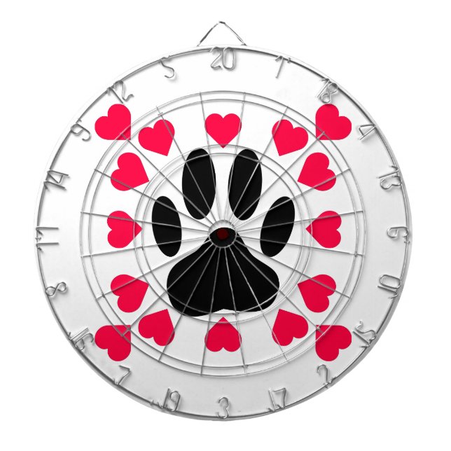 Black Dog Paw Print With Heart Shapes Dartboard (Front)