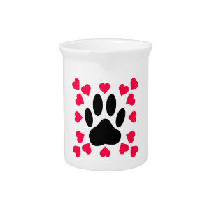 Black Dog Paw Print With Heart Shapes Drink Pitcher