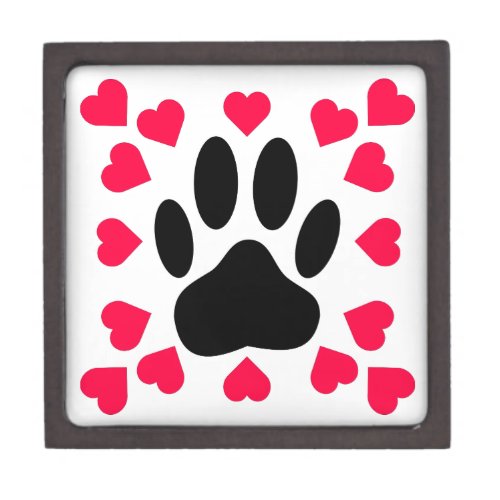 Black Dog Paw Print With Heart Shapes Gift Box